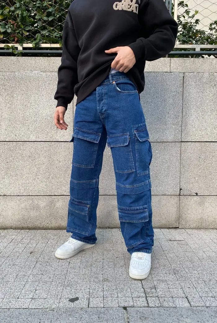 Premium Mavi 10 Cepli Kargo Baggy Pantolon
