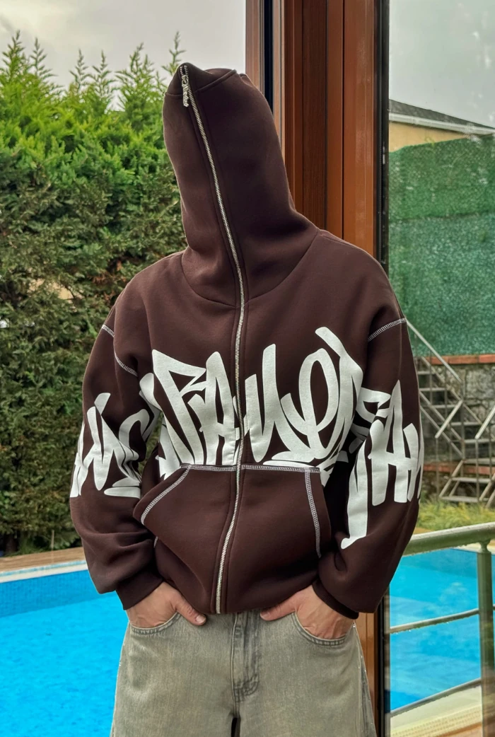 Premium Graphic Baskı Full Zip Hoodie - Kahverengi