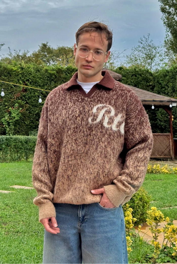 Polo Yaka RTR Baskılı Oversize Premium Kazak - Kahverengi