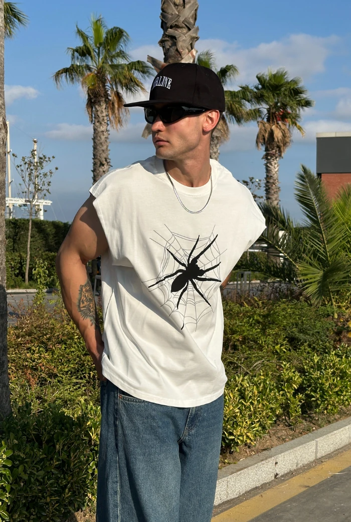 Spider Baskılı Oversize Kolsuz Tişört