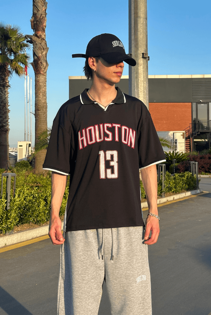 Houston Baskılı Polo Yaka Premium Oversize Jersey