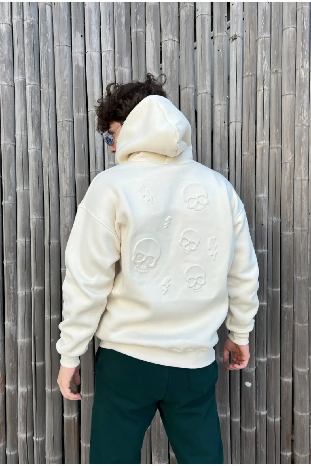 Perfect Beyaz Kabartma Baskılı Oversize Hoodie