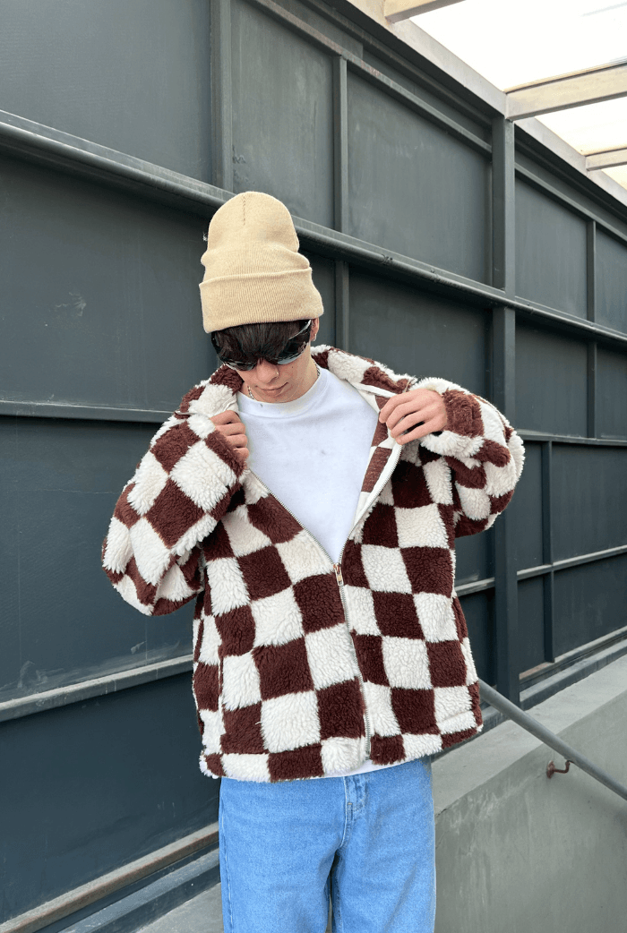 Peluş kareli oversize zip çeket
