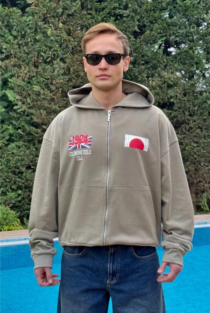 Premium War Baskılı Oversize Zip - Açık Kahve