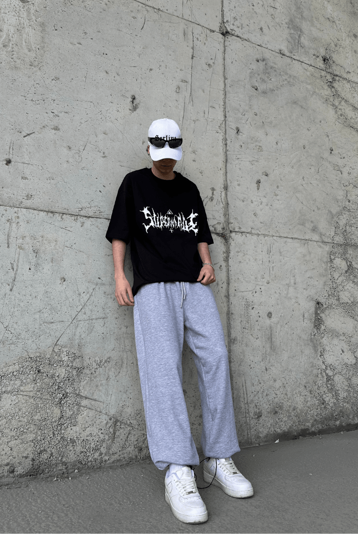 Baskılı Siyah Oversize T-shirt