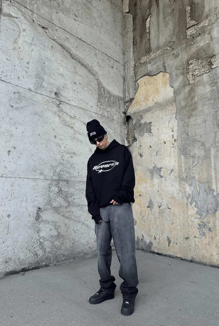 Reverse Taş Baskılı Oversize Hoodie