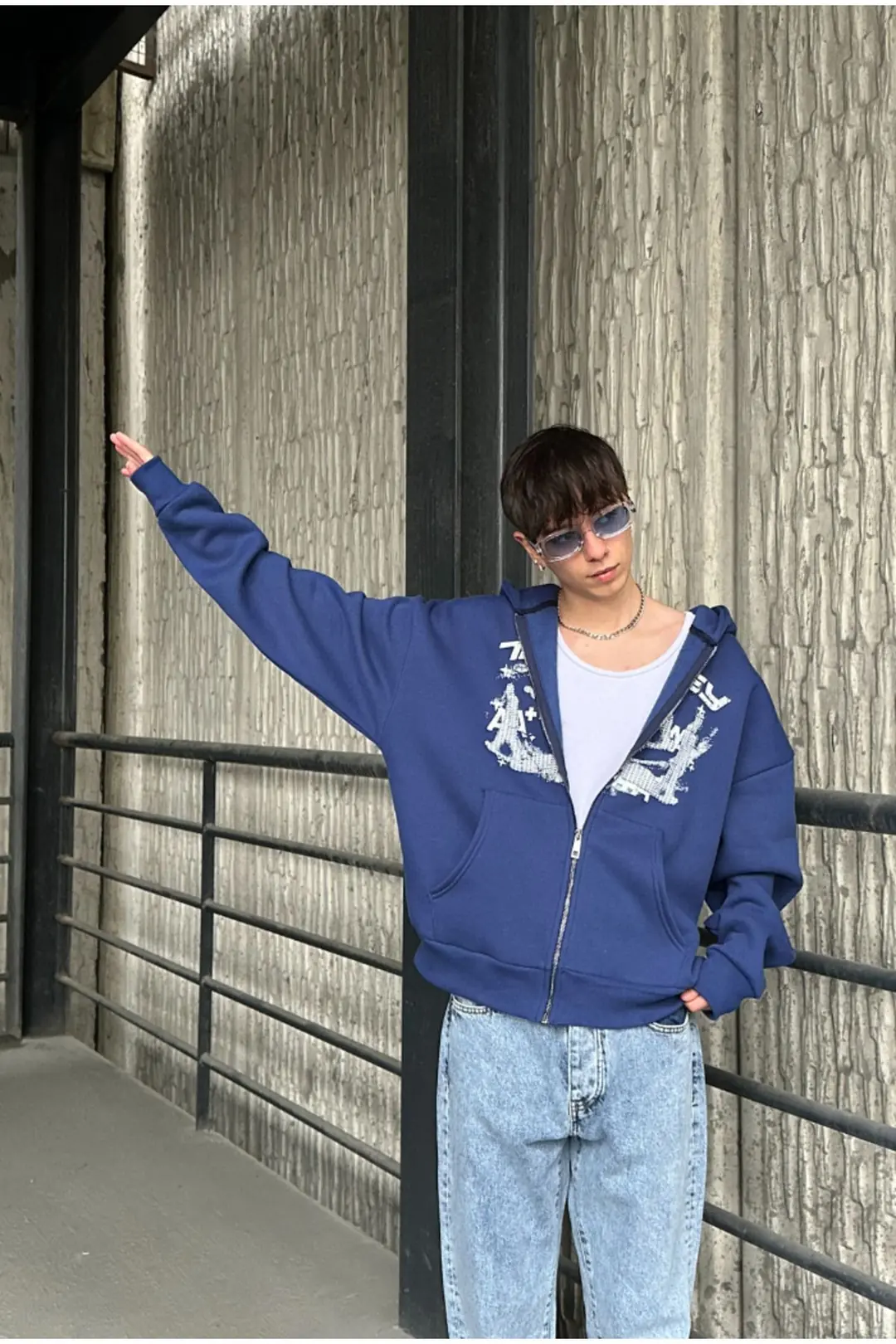 Mavi Baskılı Oversize Zip Hoodie