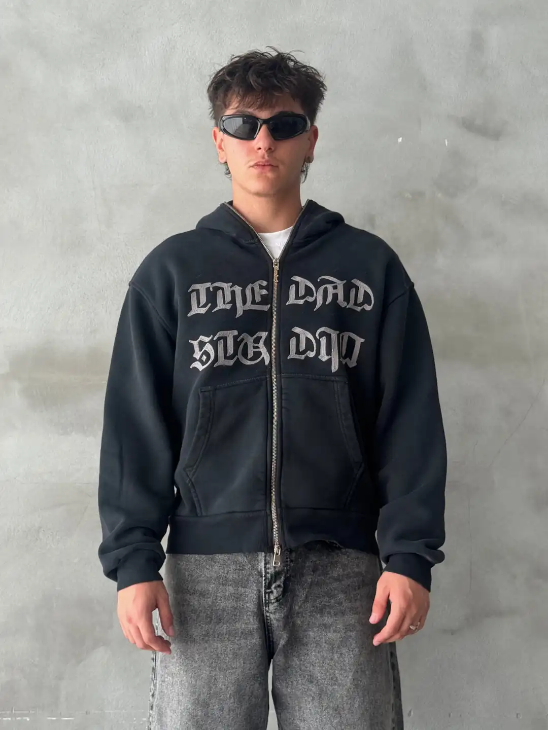 Yıkamalı Nakışlı Oversize Full Zip Hoodie
