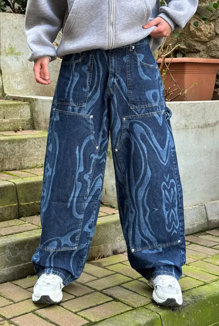 Mavi Desenli Panel Dikiş Detaylı Super Baggy Pantolon