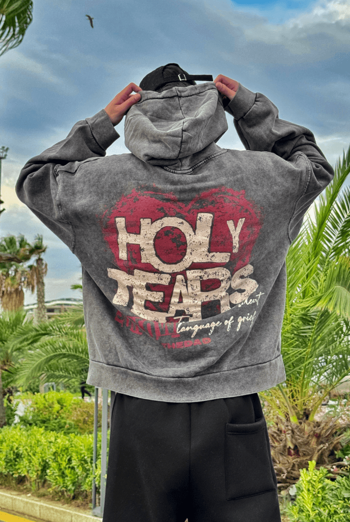 Premium Acid Wash Holly Tears Baskılı Hoodie