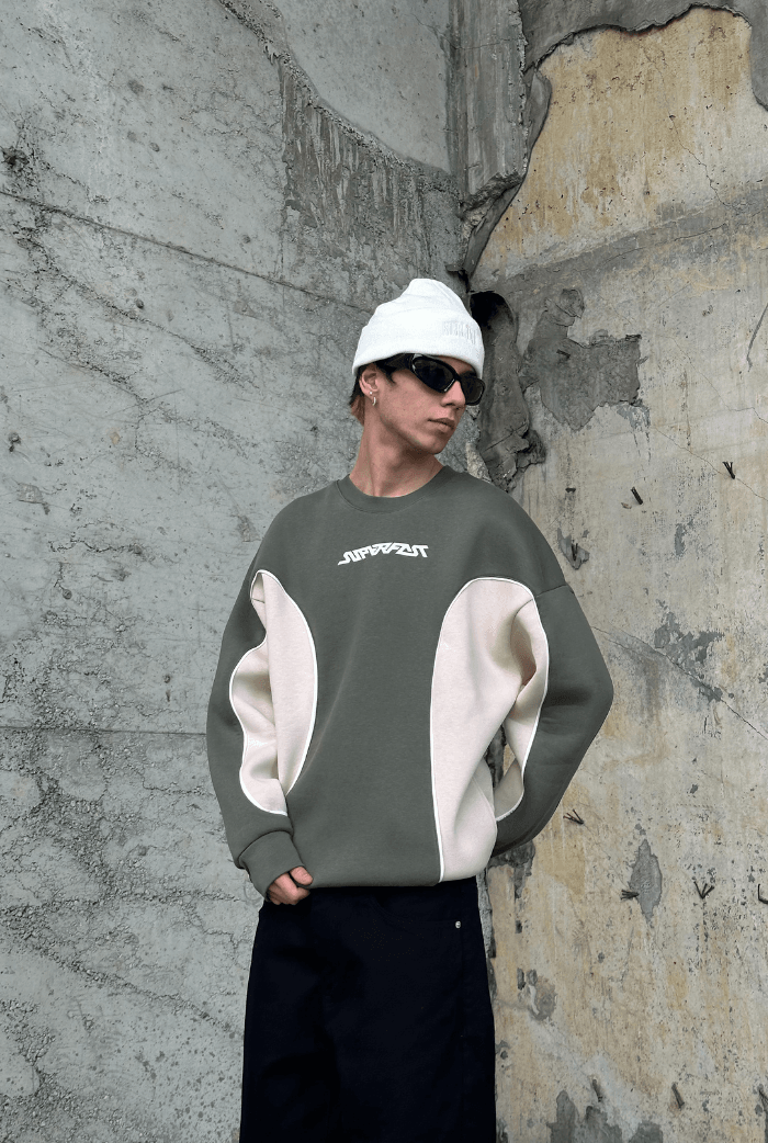 Haki-Bej Yamalı Oversize Sweatshirt