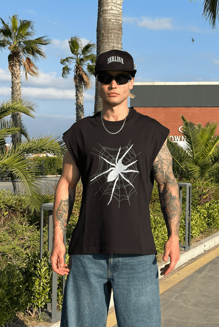 Spider Baskılı Oversize Kolsuz Tişört - Siyah