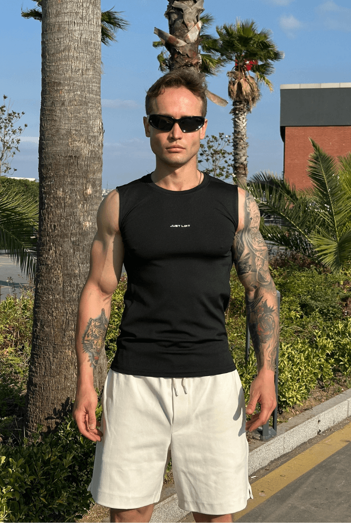 Just Lift Baskılı Sporcu Kolsuz Tişört - Siyah