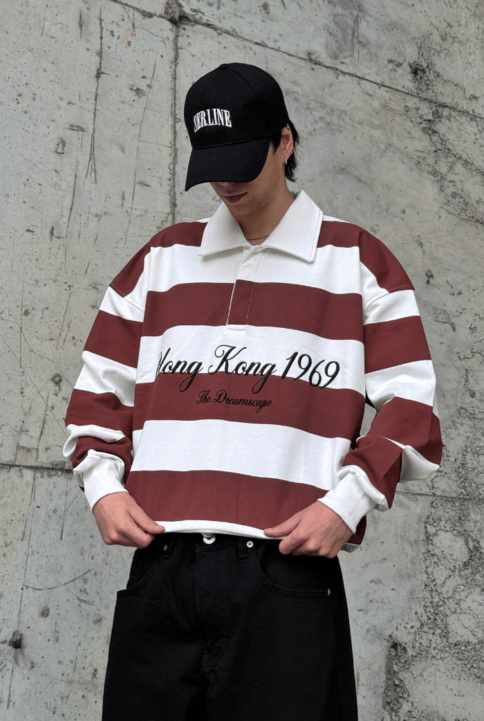 Premium Çizgili Polo Yaka Oversize Sweatshirt - Kahverengi