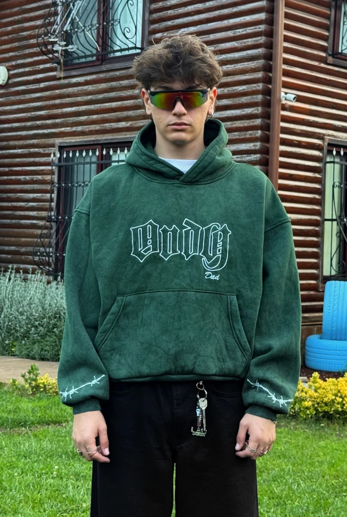 ANDY Acid Wash Nakış Baskılı Oversize Hoodie - Yeşil