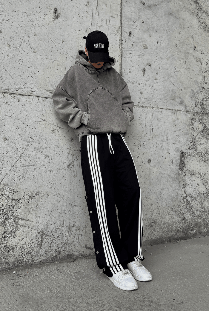Çizgili Düğme Detaylı Baggy Eşofman