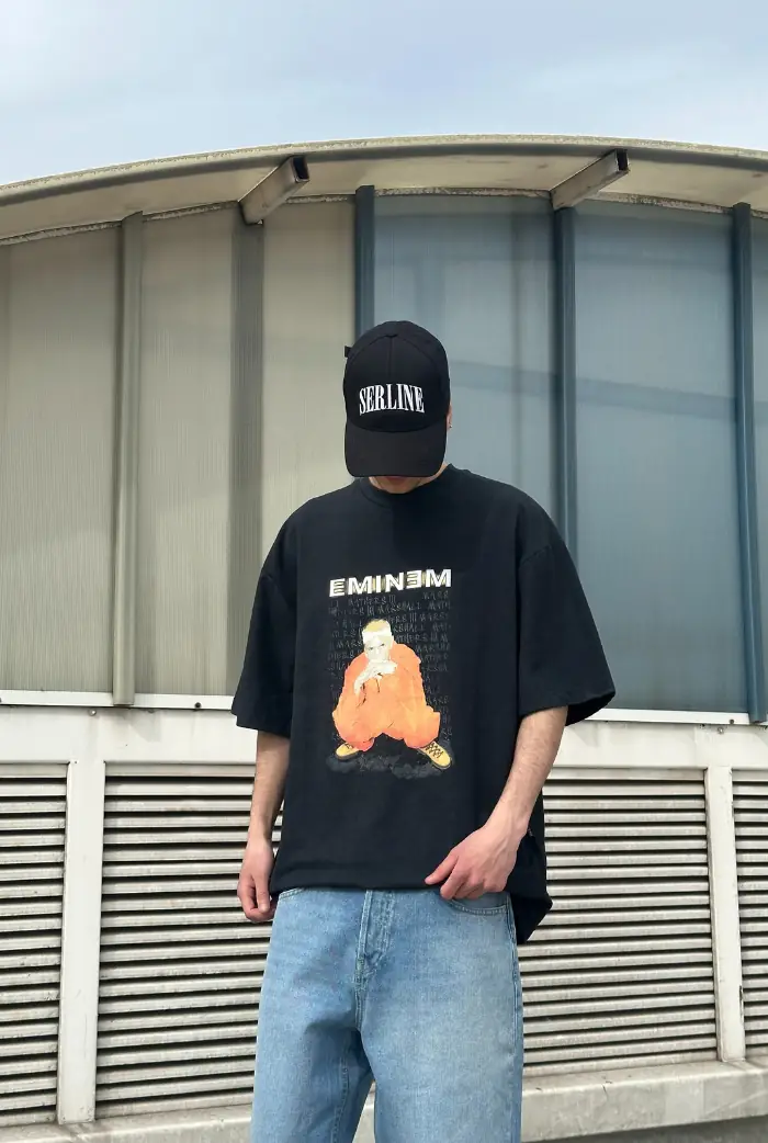 Eminem Baskılı Acid Wash Oversize T-shirt