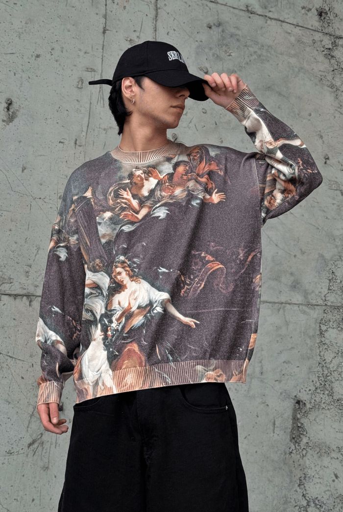 Dijital Baskılı Oversize Kazak