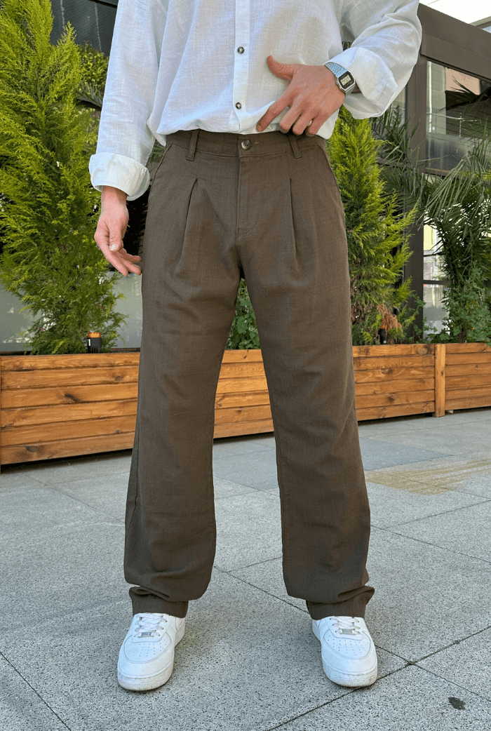 Premium Pileli Baggy Keten Pantolon - Kahverengi