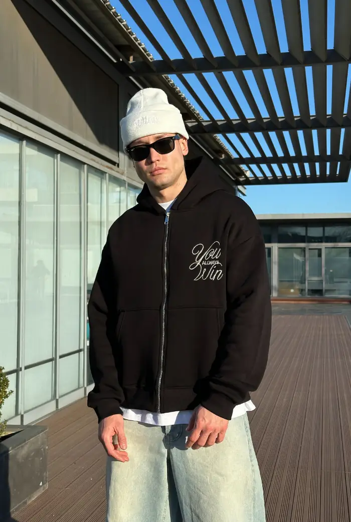 You Win Nakış Baskılı Oversize Zip Hoodie