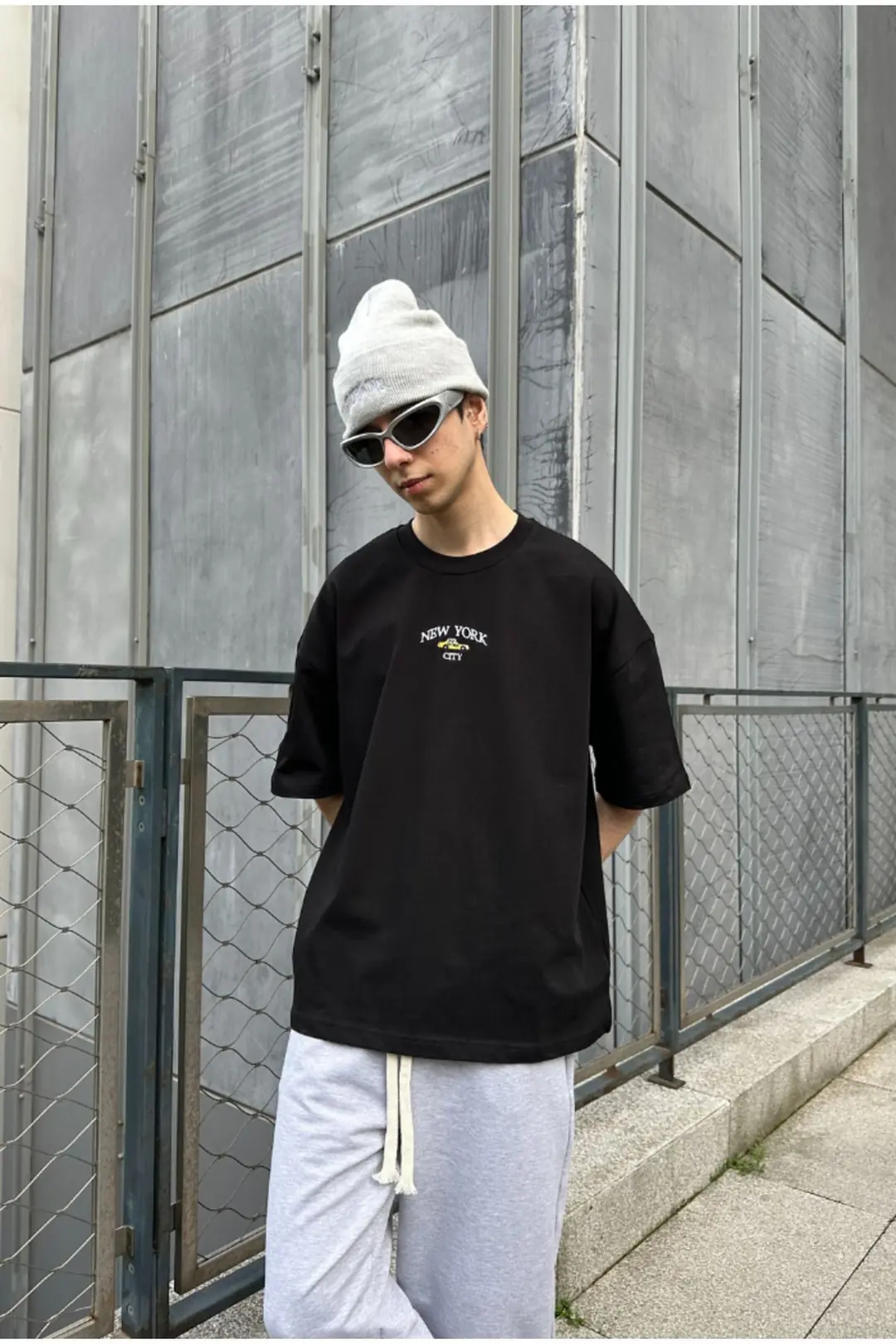New York Nakışlı Siyah Oversize T-shirt