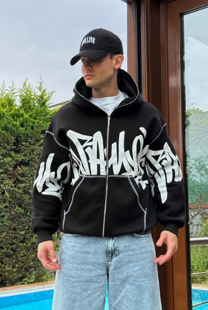 Premium Graphic Baskı Full Zip Hoodie - Siyah