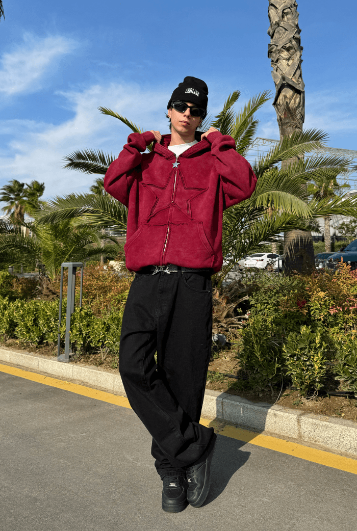 Premium Acid Wash Star Nakış Oversize Zip