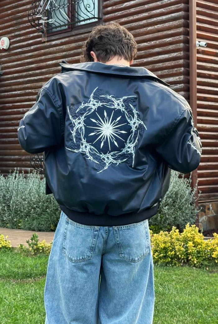 Premium Nakış Detaylı Bomber Oversize Deri Ceket - Lacivert