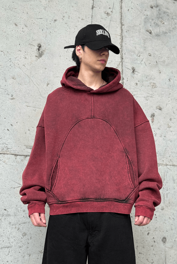 Premium Acid Wash Oversize Hoodie - Bordo