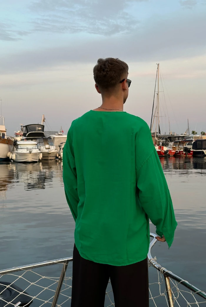 Basic Yakasız Oversize Keten Gömlek