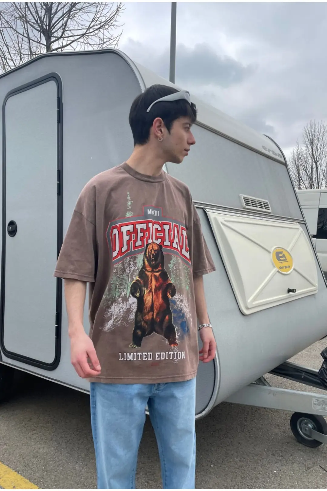 Bear Printed Acid Wash Oversize T-shirt