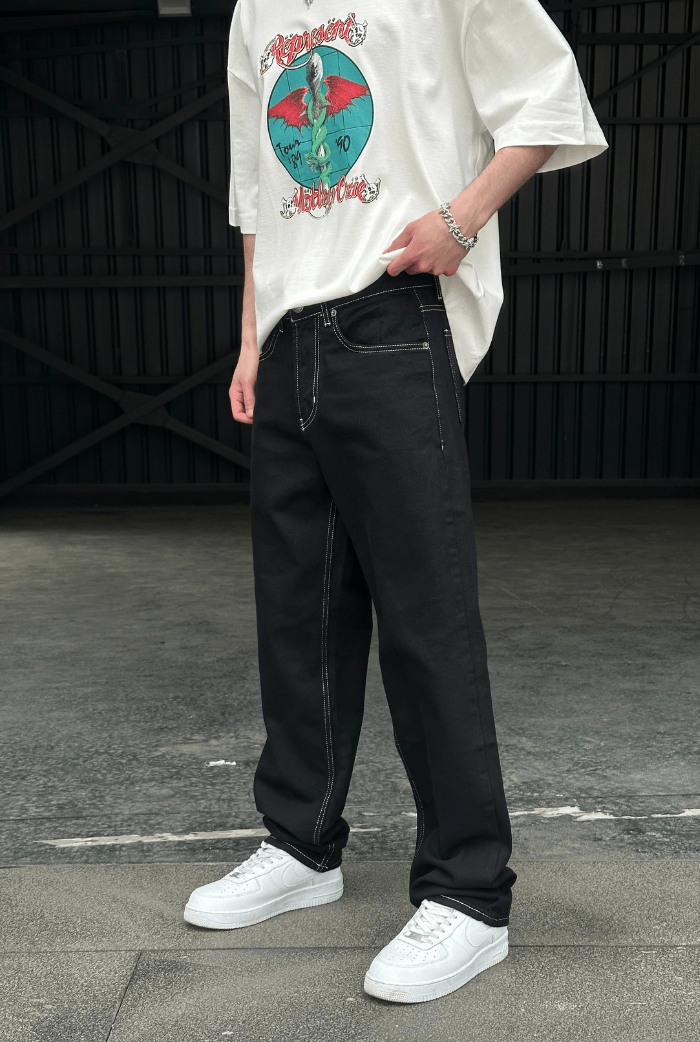 Siyah Ters Dikiş Detay Baggy Pantolon