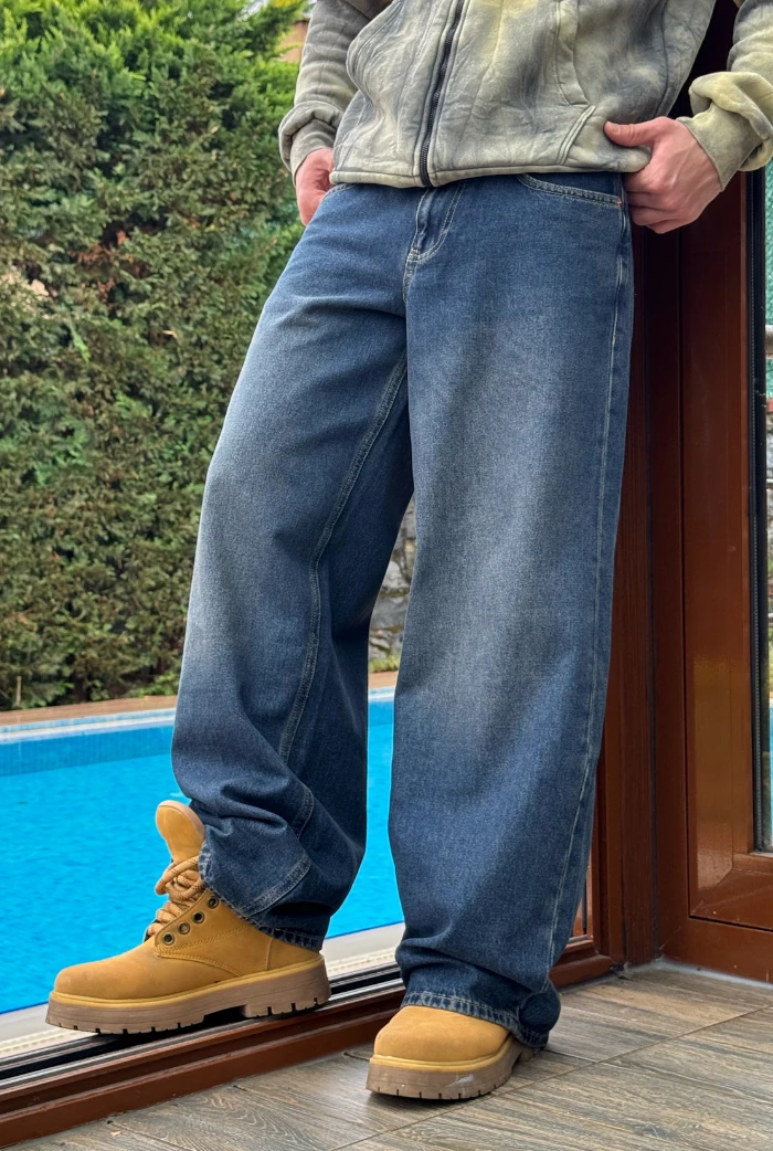 Koyu Mavi Eskitmeli Extra Baggy Pantolon
