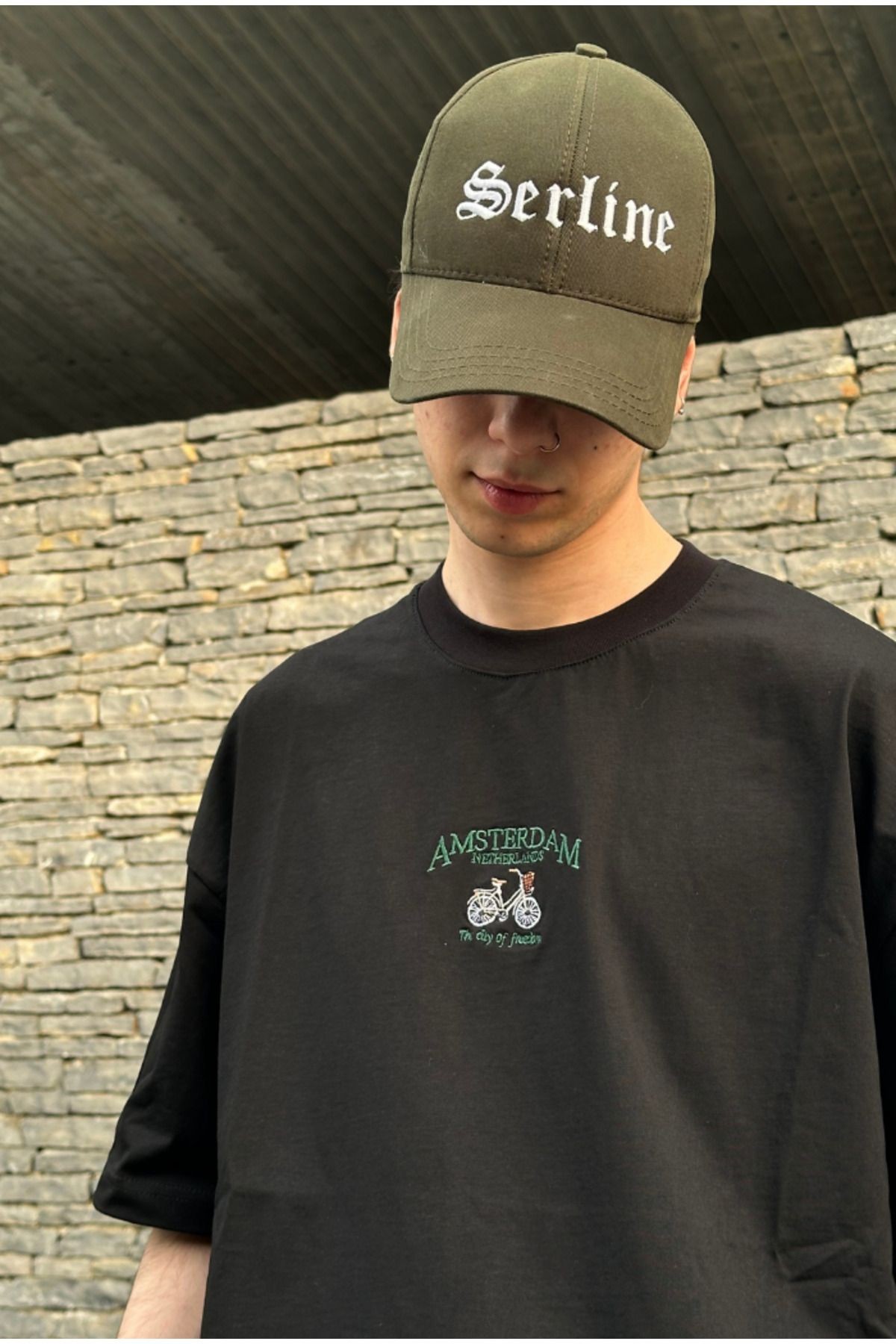 Amsterdam Nakışlı Siyah Oversize T-shirt