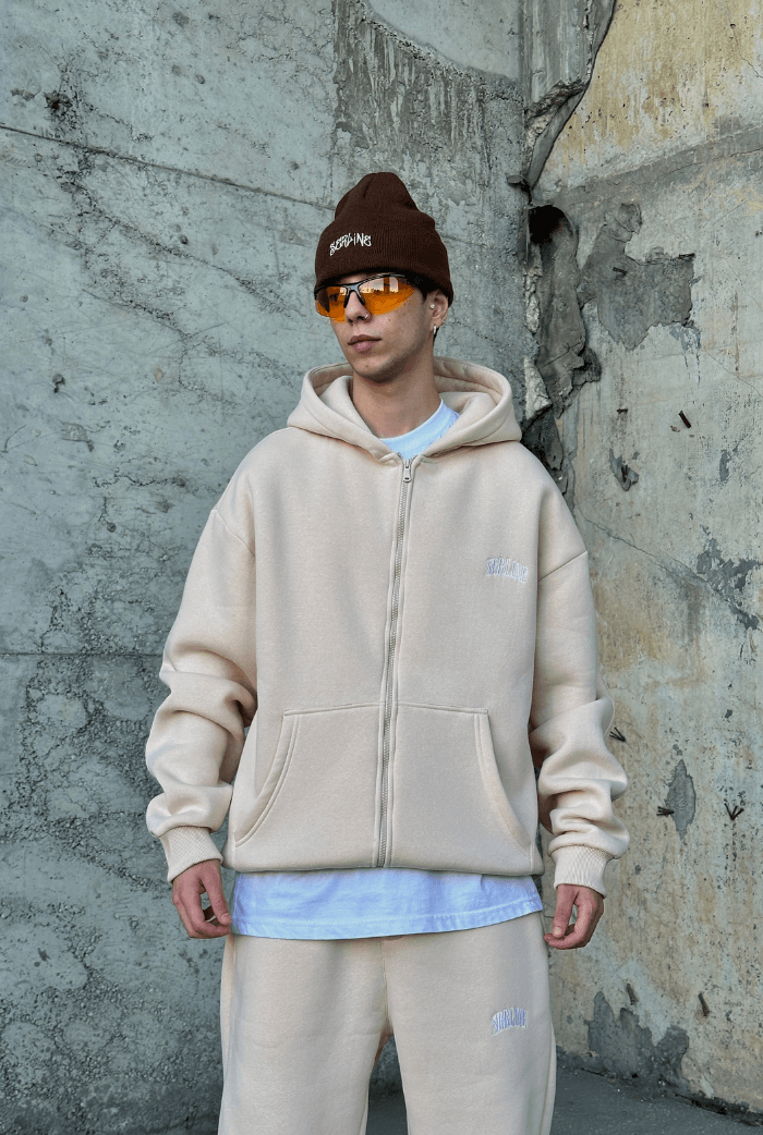 Serline Nakışlı Oversize Zip Hoodie - Bej