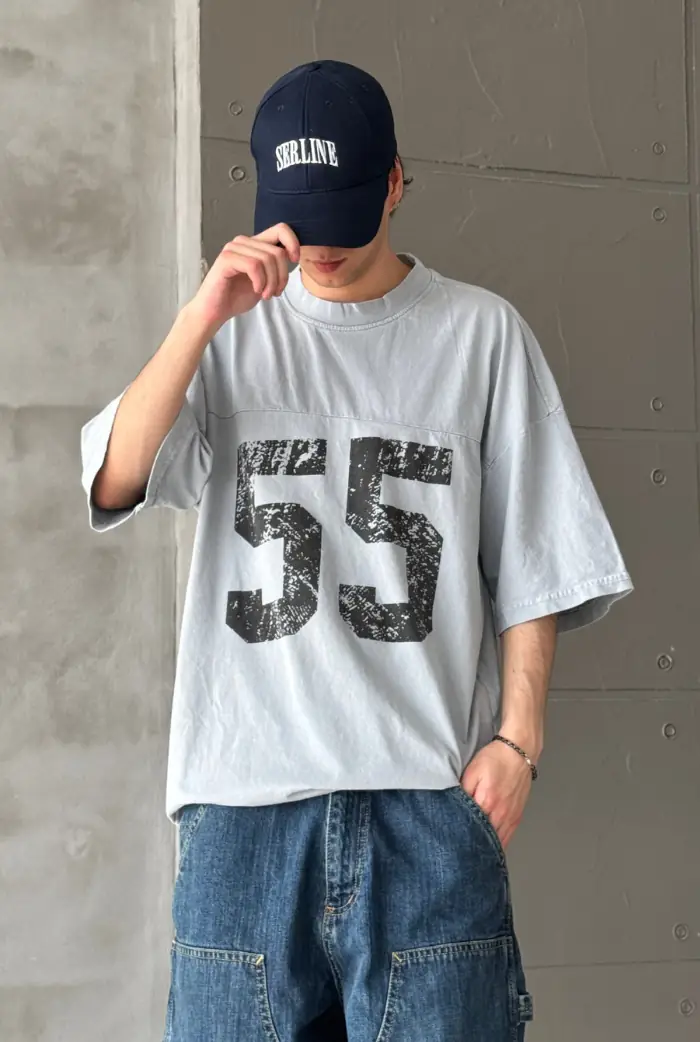 55 Baskılı Acid Wash Oversize T-shirt