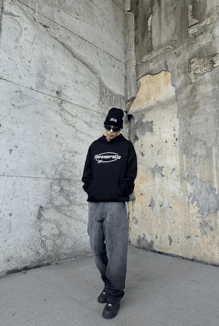 Reverse Taş Baskılı Oversize Hoodie