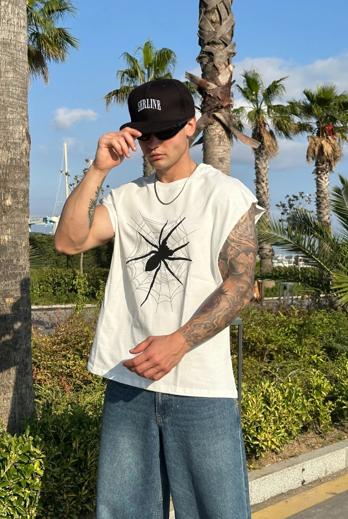 Spider Baskılı Oversize Kolsuz Tişört