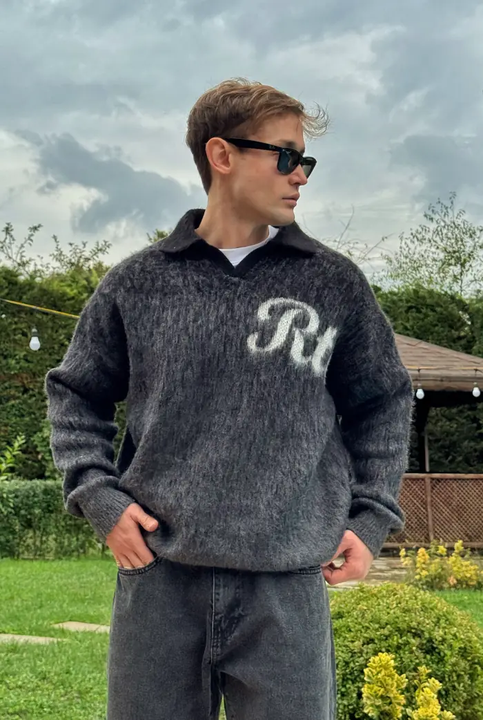 Polo Yaka RTR Baskılı Oversize Premium Kazak