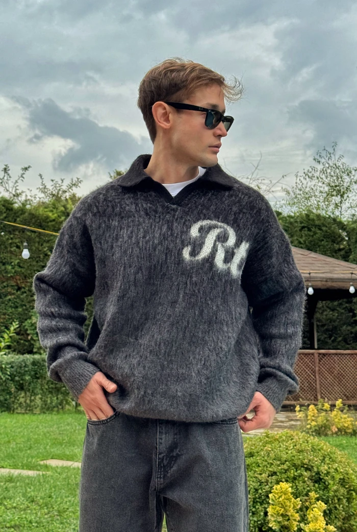 Polo Yaka RTR Baskılı Oversize Premium Kazak - Antrasit