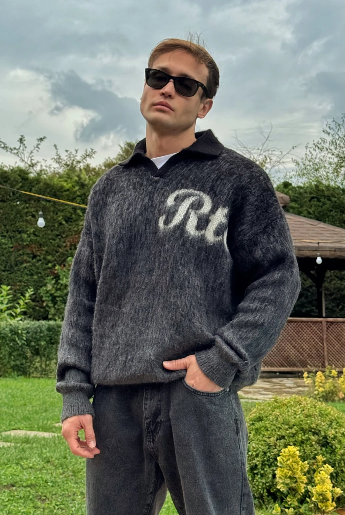 Polo Yaka RTR Baskılı Oversize Premium Kazak