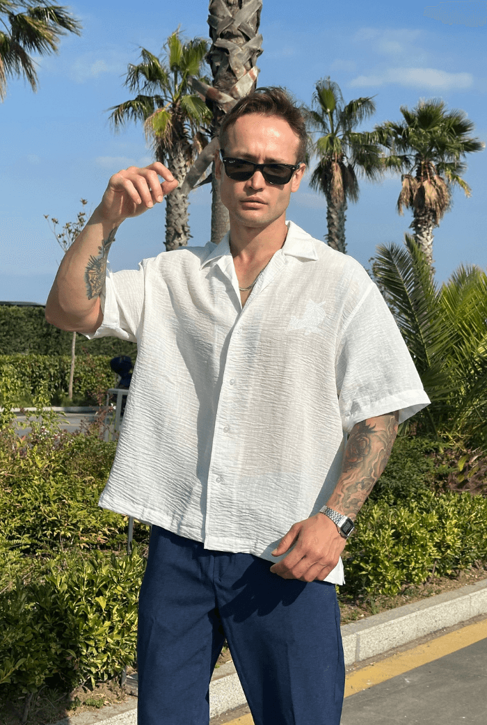Paradise Nakışlı Premium Oversize Gömlek - Beyaz