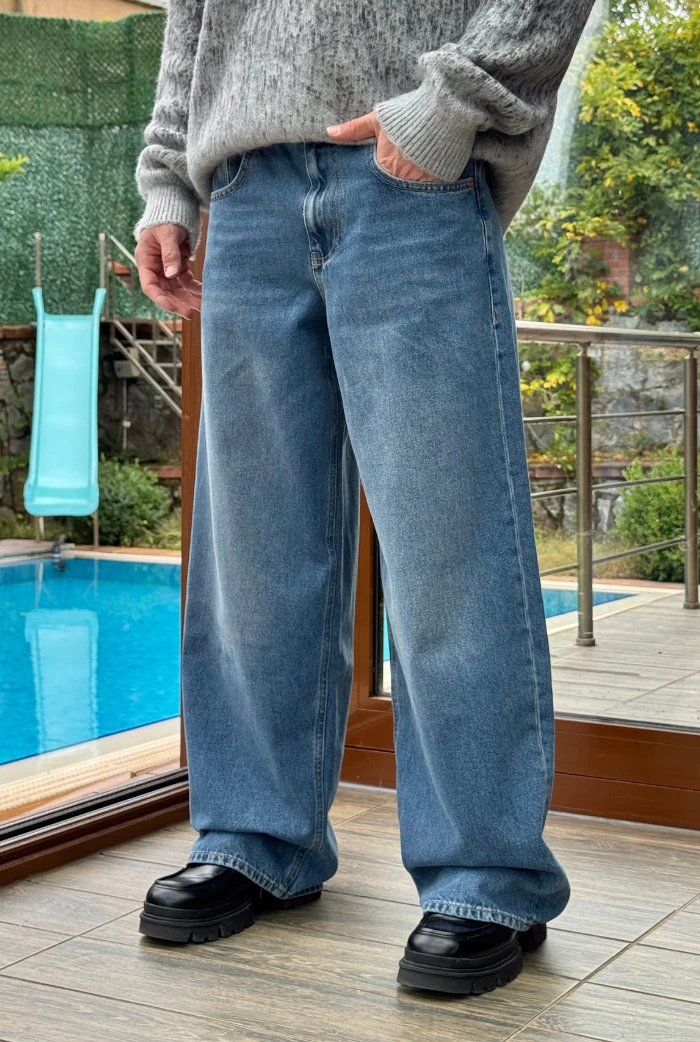 Yıkamalı Mavi Extra Baggy Pantolon
