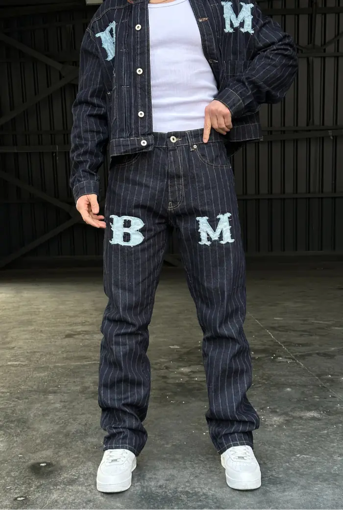 BM Nakışlı Çizgili Baggy Pantolon