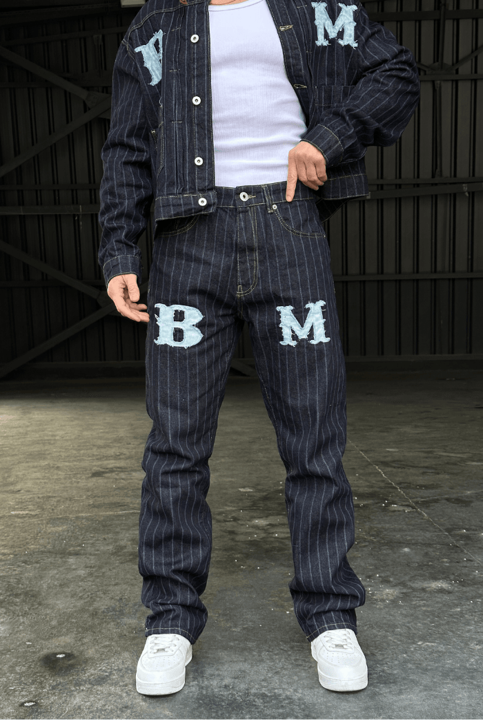 BM Nakışlı Çizgili Baggy Pantolon
