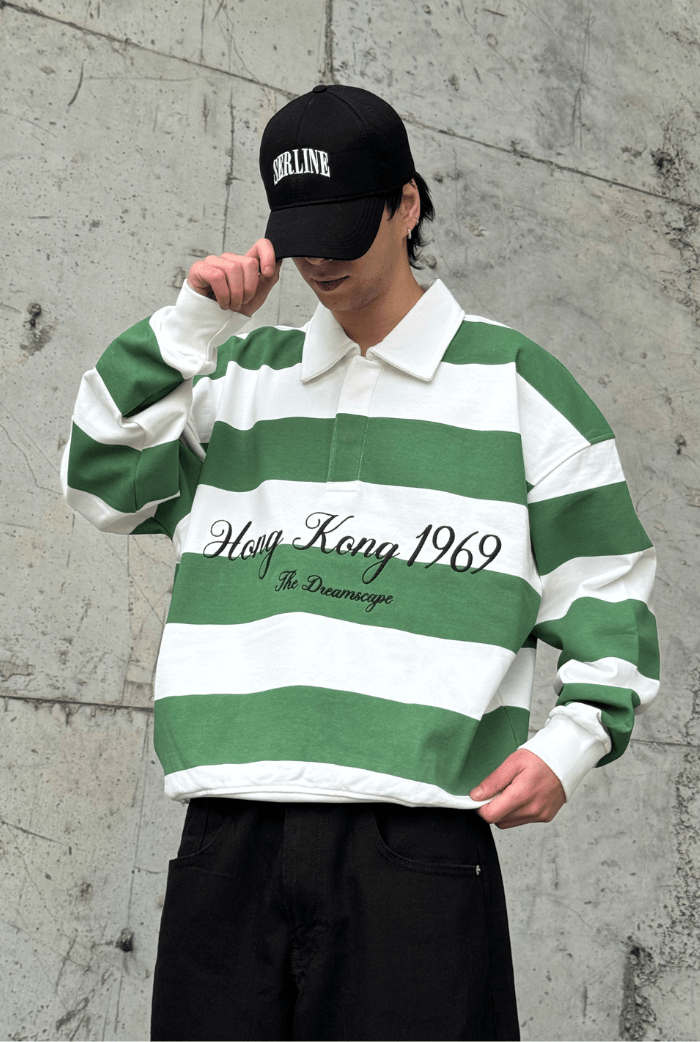 Premium Çizgili Polo Yaka Oversize Sweatshirt - Yeşil