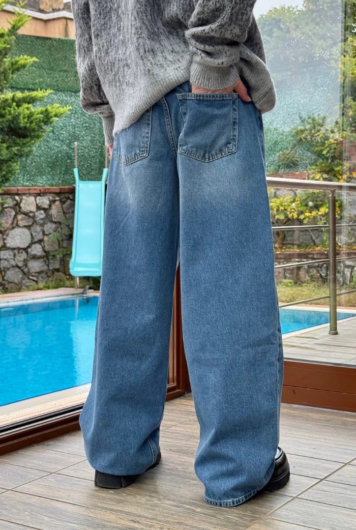 Yıkamalı Mavi Extra Baggy Pantolon