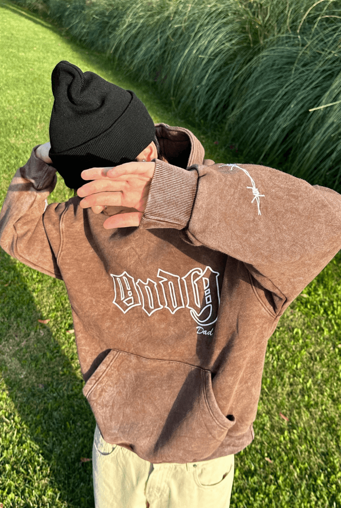 ANDY Acid Wash Nakış Baskılı Oversize Hoodie - Kahverengi