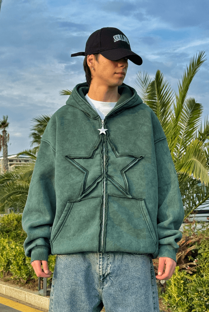 Premium Acid Wash Star Nakış Oversize Zip - Yeşil