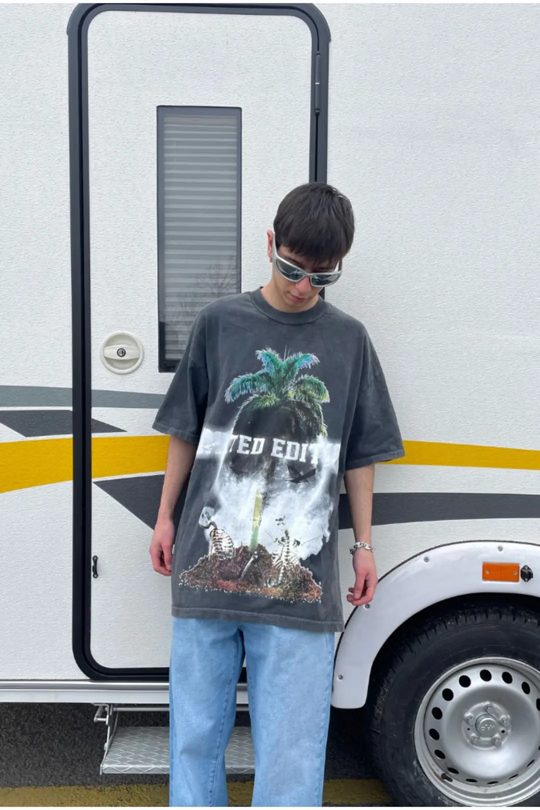 Palm Skeleton Acid Wash Oversize T-shirt